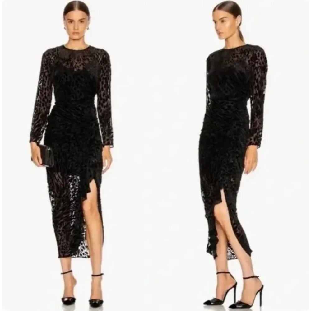 Veronica Beard Lala Dress Black Burnout Silk Velvet Ruched Midi Size 12 NWT